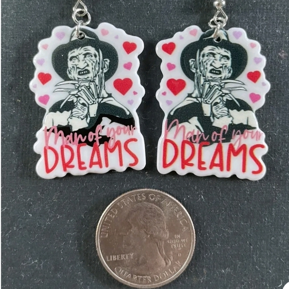 - FREDDY "Man of your dreams" acrylic pendent earrings.🤯🎃👻